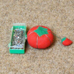 Vintage 2" Tomato w/ Strawberry Pin Cushion Plus Container of Stick Pins